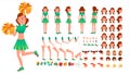 Cheerleader Girl Vector. Animated Character Creation Set. Sport Fan Dancing Cheerleading Woman. Full Length, Front, Side