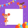 Cheerleader Girls with Blank Banner, Fan Girls in Red Uniform Dancing with Pom Poms, Background, Card, Poster Design Royalty Free Stock Photo