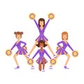 Cheerleader girls with colorful pompoms dancing to support football team during competition. Colorful cartoon character