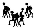 Cheerleader girls with pom-poms black and white vector silhouette set