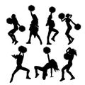 Cheerleader girls with pom poms black and white vector silhouette set