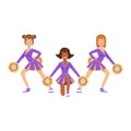 Cheerleader girls with pompoms dancing to support football team during competition. Colorful cartoon character vector