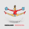Cheerleader jumps and doing splits with pom poms. Vector outline of sport dance with scribble doodles style drawing. Royalty Free Stock Photo