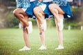Cheerleader legs, teen girl team outdoor and athlete group with fitness, uniform and diversity with pose. Exercise