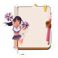 Cheerleader with notebook paper for notes. cheers up concept - v