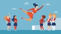 A cheerleader performing a showstopping back tuck with the rest of the squad cheering her on from the sidelines.. Vector Royalty Free Stock Photo