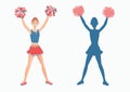 Cheerleader with pom-poms and her silhouette on white background. Royalty Free Stock Photo