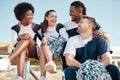 Cheerleader, sports and people laugh on bench for performance, dance and motivation for game. Teamwork, dancer and Royalty Free Stock Photo