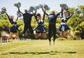 Cheerleader team portrait, people and jump for performance on field outdoor in training, celebration or exercise. Happy Royalty Free Stock Photo