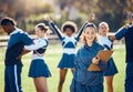 Cheerleader team, woman portrait and training coach with clipboard for practice, sports management and competition