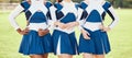 Cheerleader, teen girl team and outdoor, athlete and fitness with squad in uniform and support. Exercise, competition