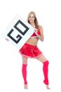 Cheerleader woman hold in hand board or blank sign