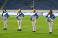 cheerleaders in a line photo was taken during the match between fc dnipro dnipropetrovsk city and fc olimpik donetsk city at