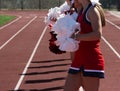 Cheerleaders waving their pom poms on the sidelines of a football game