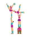 Cheerleading squad performing, acrobatic holding up team, vector girls and boys doing acrobatic exercises with pompom