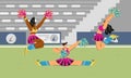 Cheerleading squad performing on stadium, vector cartoon cheerful sporty ladies dancing acrobatic on grass with pompoms