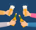 Cheers with beer glasses. Hands holding glass and bottles with alcohol drinks. Friends toast on pub or bar party