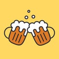 Cheers beer mugs with froth and bubbles. Cartoon alcohol icon. Vector flat illustation. Royalty Free Stock Photo