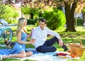 Cheers. Celebrate anniversary. Couple drinking wine sunny day. Cute couple drinking wine picnic. Attractive Couple Royalty Free Stock Photo