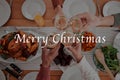 Cheers, champagne and family at christmas dinner for a festive celebration with a text overlay. Food, wine and people