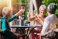 Cheers, champagne and senior women or friends in retirement, reunion or social celebration, success and happy. Wine