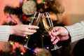 Cheers concept. New year tradition. Merry christmas. Almost midnight. Alcohol drink. Glass filled sparkling wine or Royalty Free Stock Photo