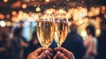 Cheers! couple of people clinking with champagne glasses on blurred Christmas lights Royalty Free Stock Photo