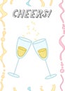 Cheers. Creative card template with two glasses of champagne. Celebration theme design. Hand drawn cute card for party, birthday.