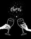 Cheers, girls drinking, hands with wine glasses and space stars potion, vector illustration