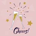 Cheers! hand lettering with glasses of champagne in pink