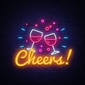 Cheers neon sign vector. Wine Party celebration Design template neon sign, light banner, neon signboard, nightly bright Royalty Free Stock Photo