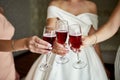 Cheers! Photo bride with her friends drinking champagne from glasses Royalty Free Stock Photo