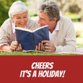 Cheers it's a holiday text on red with happy senior caucasian couple reading book in sunny garden Royalty Free Stock Photo