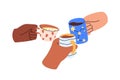 Cheers with tea and coffee cups. Hands with mugs with non-alcohol drinks. Diverse friends gathering, celebrating holiday