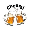 Cheers text. Two toasting beer mugs. Clinking glass tankards full of beer and splashed foam. Design elements for beer Royalty Free Stock Photo