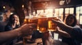 Cheers to Friendship: Hand Raising Beer Glass Amidst Jubilant Pals. Generative ai