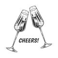 Cheers toast. Clink glasses of champagne or sparkling wine in hand. Celebration concept. Grape alcoholic drink. Vintage