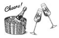 Cheers toast. Clink glasses of champagne or sparkling wine in hand. Celebration concept. Grape alcoholic drink. Vintage