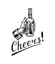 Cheers toast. Glass of beer in vintage style. Alcoholic Label with calligraphic elements. Classic American badge for Royalty Free Stock Photo