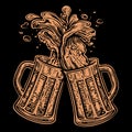 Cheers,Two clinking glasses mugs. Clinking glass tankards full of beer and splashed foam. Hand drawn vector illustration Royalty Free Stock Photo