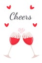 Cheers with two glasses of red wine. Heart-shaped splash of wine. Cheers quote. Greeting card or poster