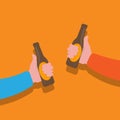 Two Guys Clinking Beer Bottles Over Orange Background, Illustration, Closeup