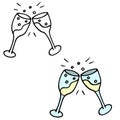 Cheers Two wineglass with wine, champagne clip clop clattering. Holiday celebration, romantic date, dinner. Simple doodle