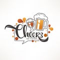 Cheers, vector illustration with draft beer mugs and lettering c Royalty Free Stock Photo