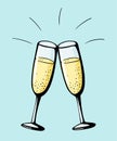 Cheers vector illustration of two champagne glasses couple in a doodle style. Love drink wineglasses sparkling wine on