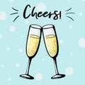 Cheers vector illustration of two champagne glasses couple in a doodle style. Love drink wineglasses sparkling wine on