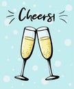 Cheers vector illustration of two champagne glasses couple in a doodle style. Love drink wineglasses sparkling wine on