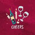 Cheers wine glasses with bottle and candles. Vector illustration concept