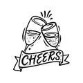 Cheers word letter text and champagne drink in glasses. Royalty Free Stock Photo