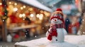 Cheery snowman wearing a festive red hat and scarf at a snowy Christmas market, copy space